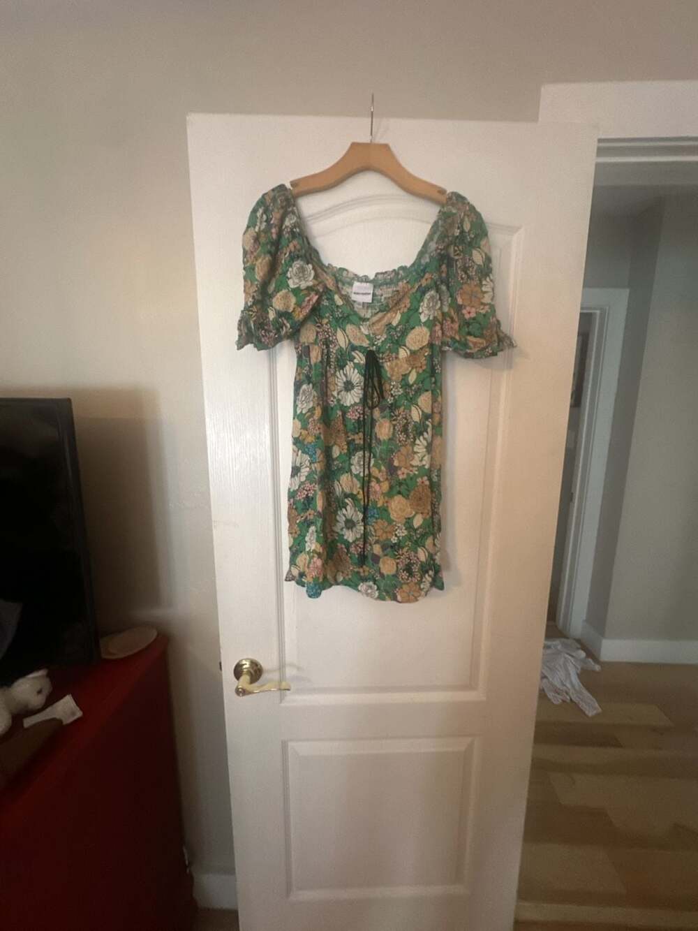 Skylar + Madison Green Floral Puff Sleeve Mini Dress with Front Tie Detail